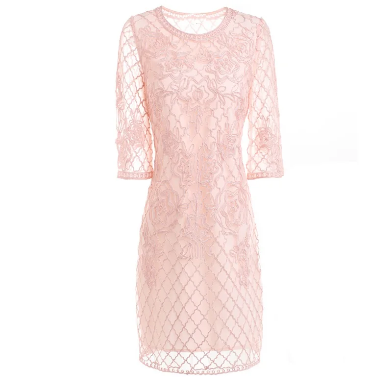 

Womens Fashion Plus Size Clothing Autumn Style Ladies Allover Exquisite Embroidery Slim Party Cocktail Sheath Dress