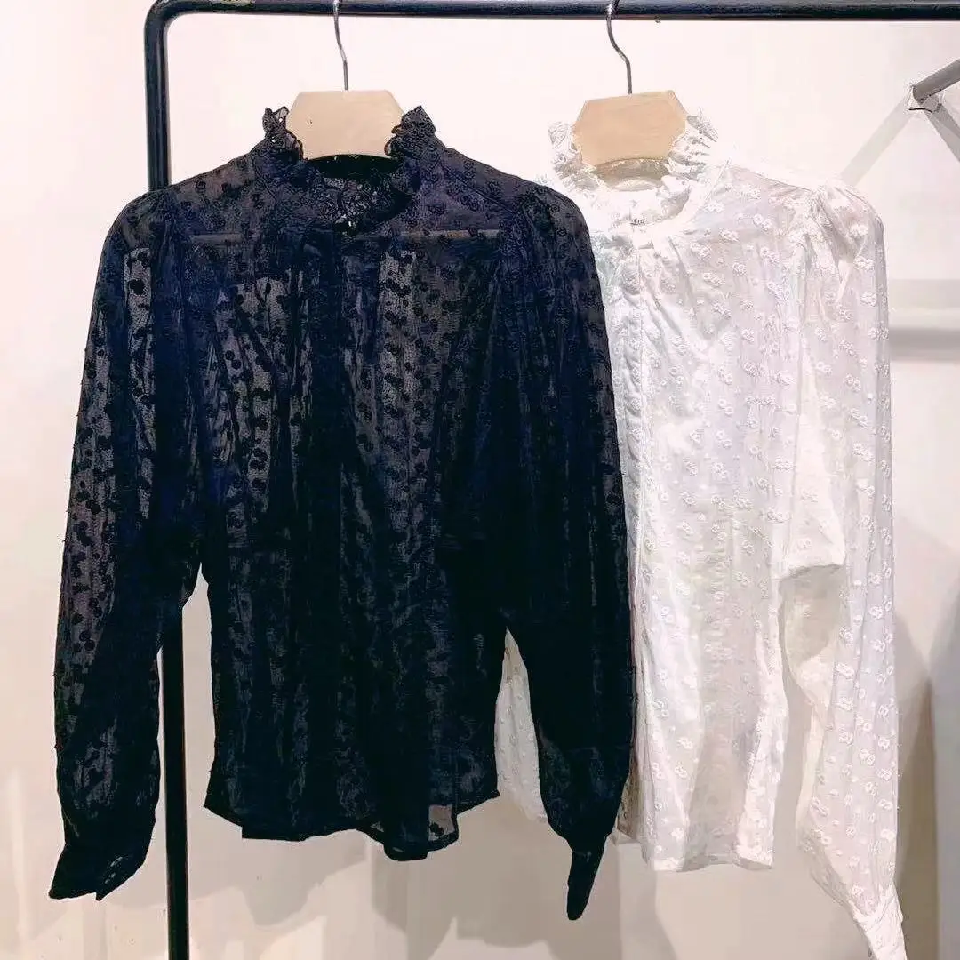 

2021 early spring new exquisite wood ear lace lace embroidery solid color long-sleeved shirt top