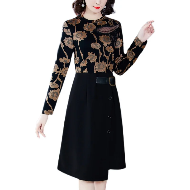 

COIGARSAM 4XL Plus Size Full Sleeve Women dress New Spring Print Dresses Black 1559