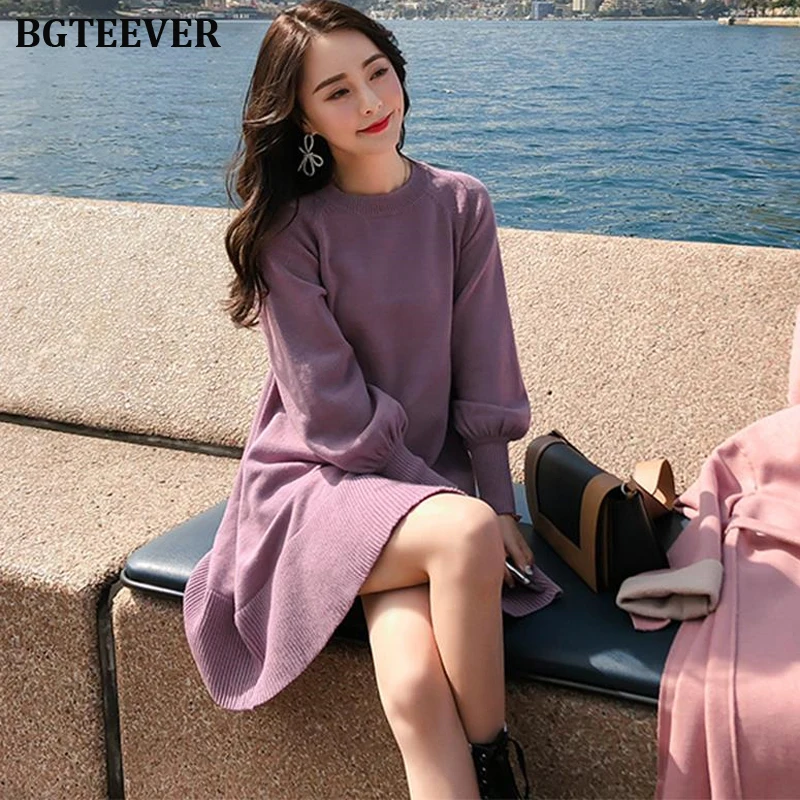 Повседневное женское платье-свитер с круглым вырезом и рукавом-фонариком