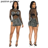 summer new women sexy mesh diamonds skinny playsuits long sleeve black see through zipper clubwear party jumpsuit ladies rompers