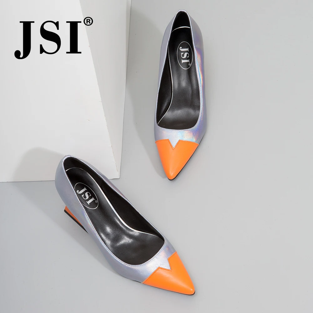 sliver JSI/женские туфли с острым носком на высоком каблуке; Разноцветные Женские туфли из натуральной кожи в необычном стиле; туфли-лодочки без застежки; женская обувь; jc320 - Цвет: sliver