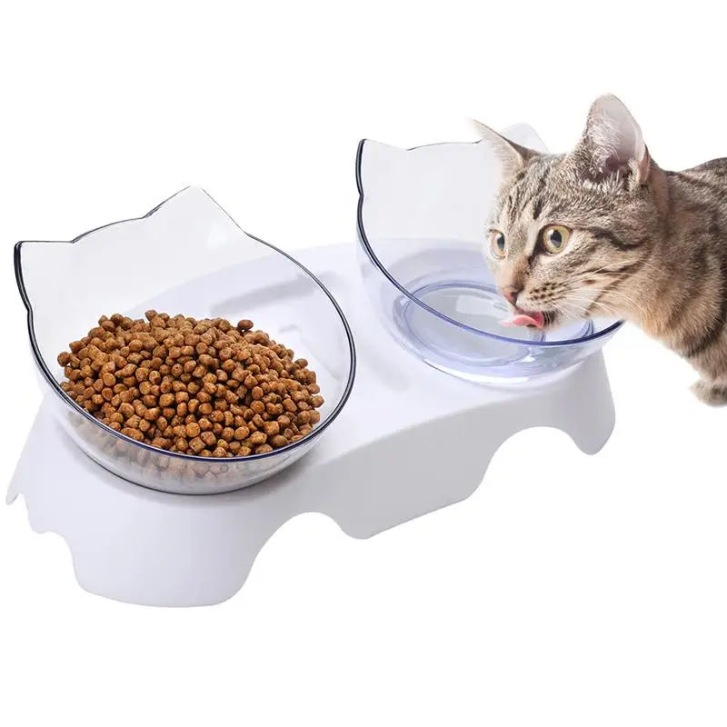 

New Pet Cat Dual-Bowl Set Creative Clear 15° Titling Cat Drinking Dish Feeder Kittens Feeding Bowl Cats Feeding Bowl Accessories