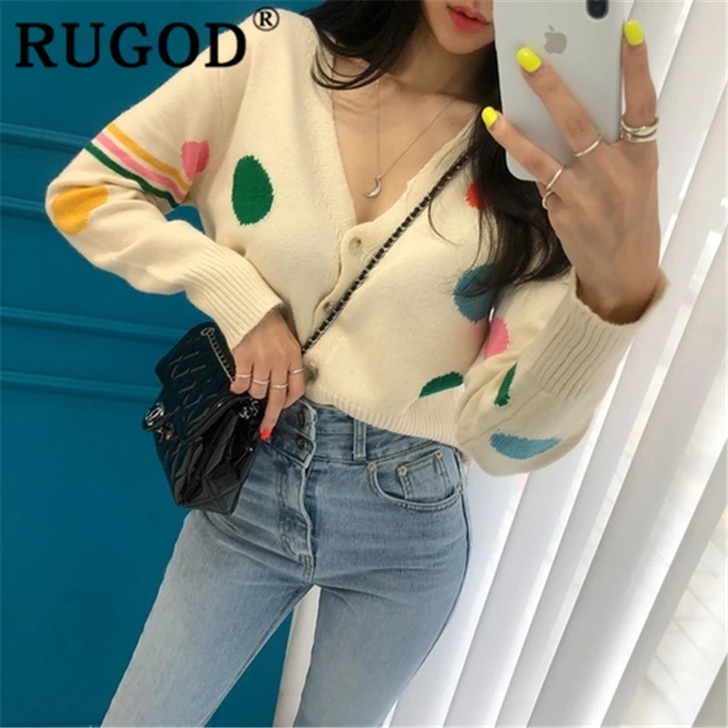 RUGOD 2019 New autumn arrival special sweater cardigans women v neck dot high waist elastic slim knit coat fashion femme korean |