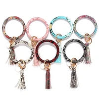 snake pattern pu leather o bracelet key ring bangle tassel circle wristlet keychain keyholder for women girls jewelry