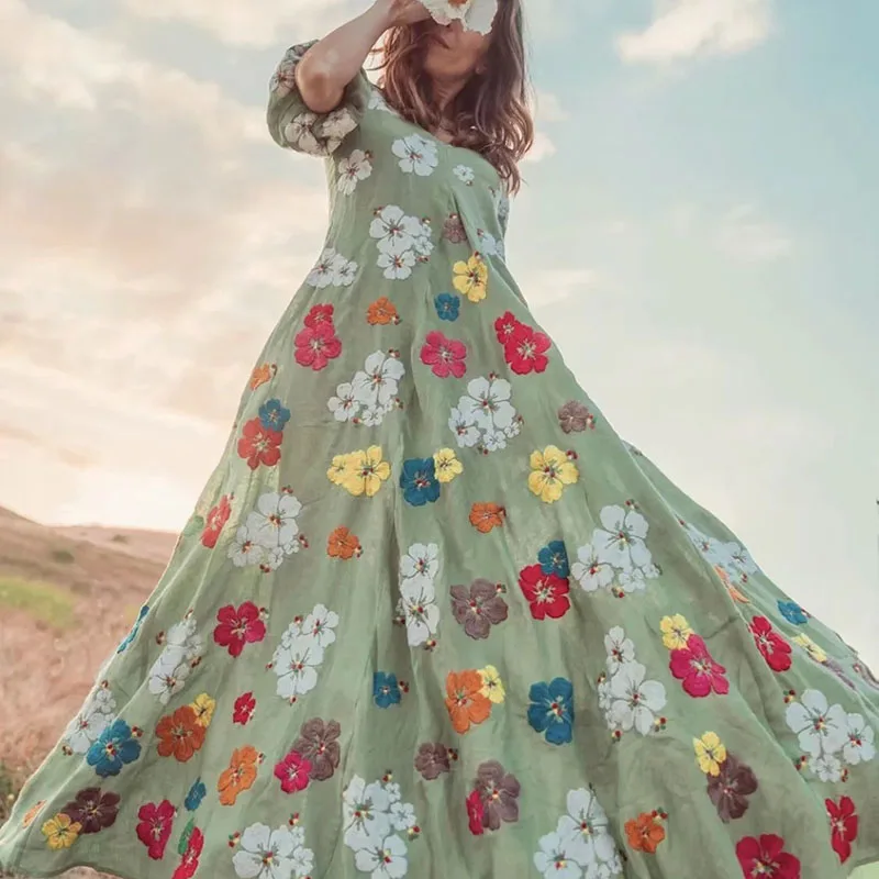 Женское платье макси с V образным вырезом Зеленое Длинное Платье вышивкой в стиле