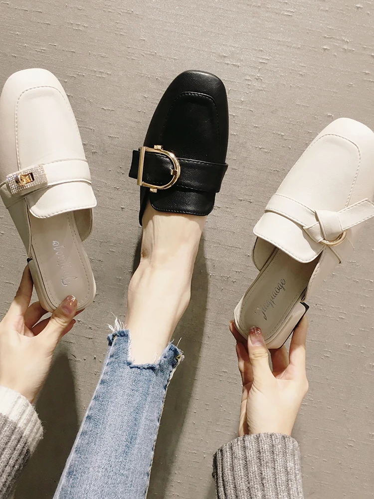 

Women's shoes, leather shoes, spring 2020 new slippers, square head metal buckle low heel mules