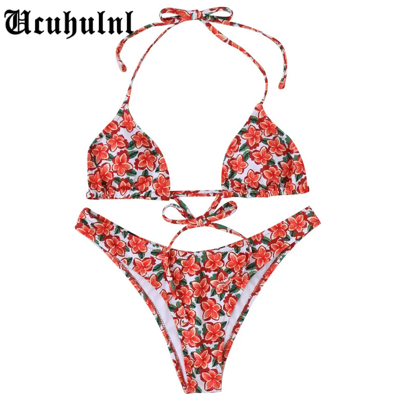 

Floral Print Bikinis Bandage Micro Thong Low Waist Swimsuit Women Swimwear Halter Beachwear Sexy Bikini Set 2021 Biquini