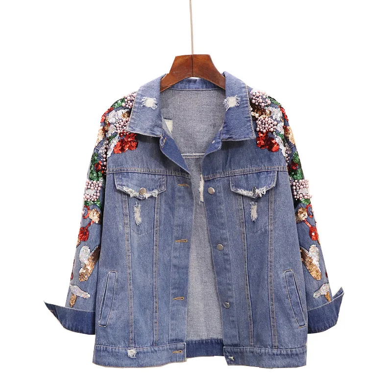 

Beading Sherhure Cartoon Pearl Sequins Embroidery Ripped Vintage Dnim Jacket Coat Tops For Women