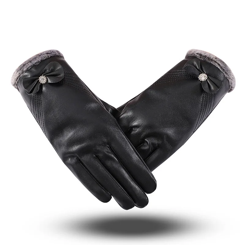 Зимние новые женские меховые перчатки с бантом из искусственной кожи бархатным