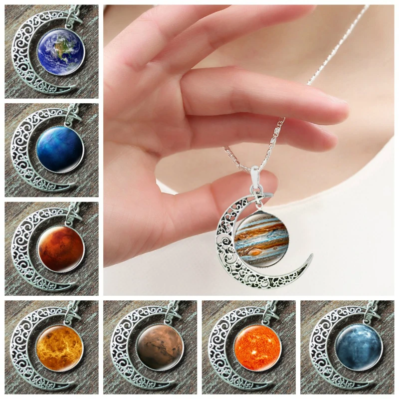 2019 Nebula Galaxy Pendant Necklace Handmade Universe Planet Jewelry Charm Crescent Moon Chain for Women Men | Украшения и