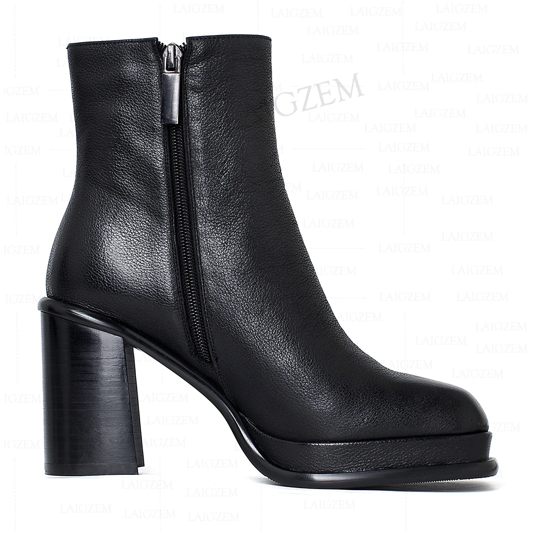 

LAIGZEM Women Ankle Boots Genuine LEATHER Zip Up 9.5CM Chunky High Heels Booties Ladies Comfortable Shoes Woman Size 33 38 40 41