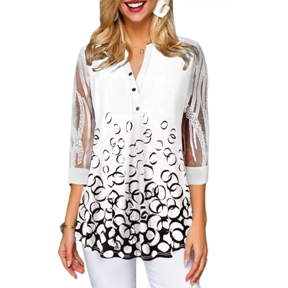 

Womens Fashion Cropped Sleeve Shirts Temperament Print Single-breasted Round Neck T-shirt