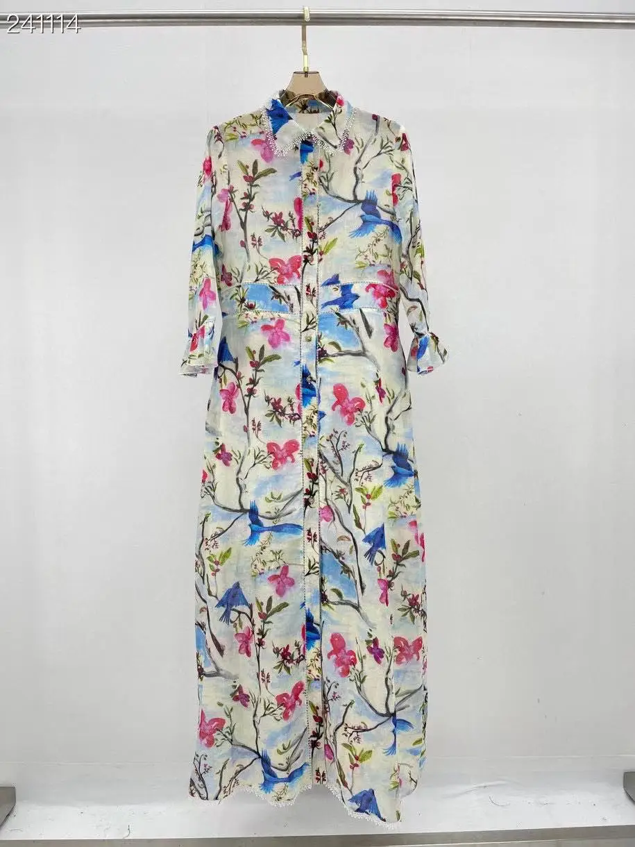 

2021 Winter Designer Fashion Runway Long Dress Women's 3/4 Flare Sleeves Slim Flowers Print Single Breasted Hot Dress