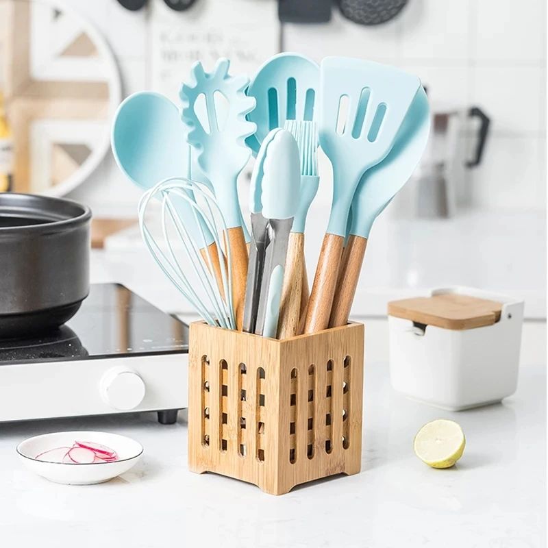 

Silicone Cooking Utensils Set Non-stick Spatula Soup Spoon Wooden Handle with Storage Box Kitchen Tools Set Gifts for Mother