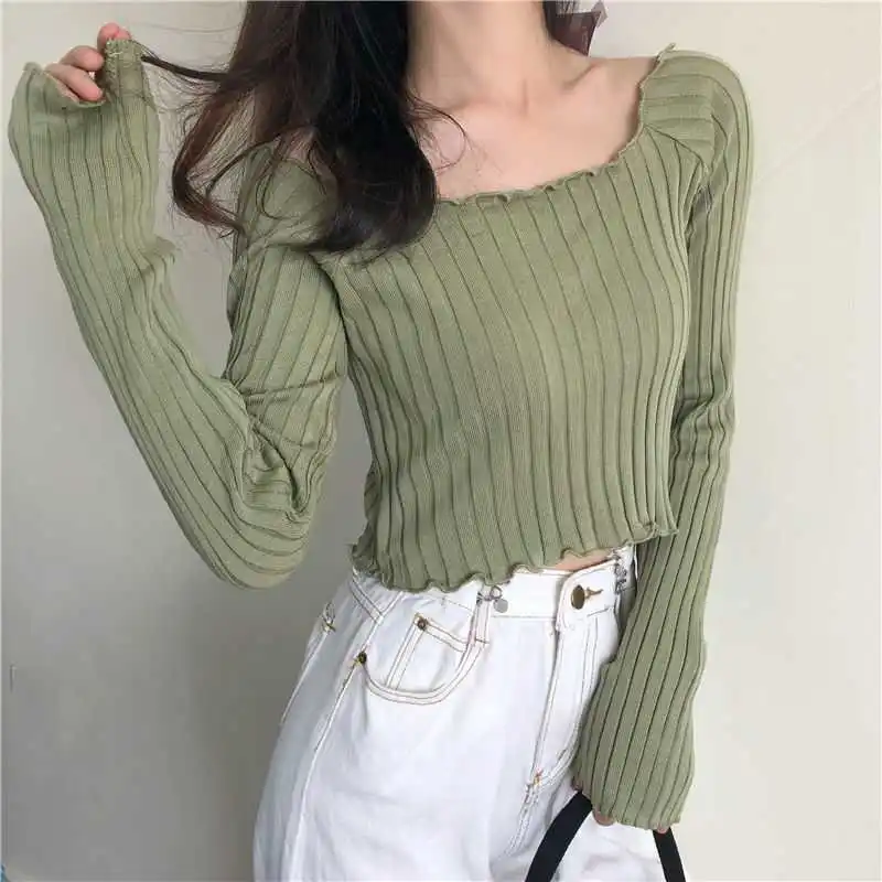 

2021 new spring and summer fashion women clothes sqaure collar full sleeves elastic high waist Crop top sexy pullover