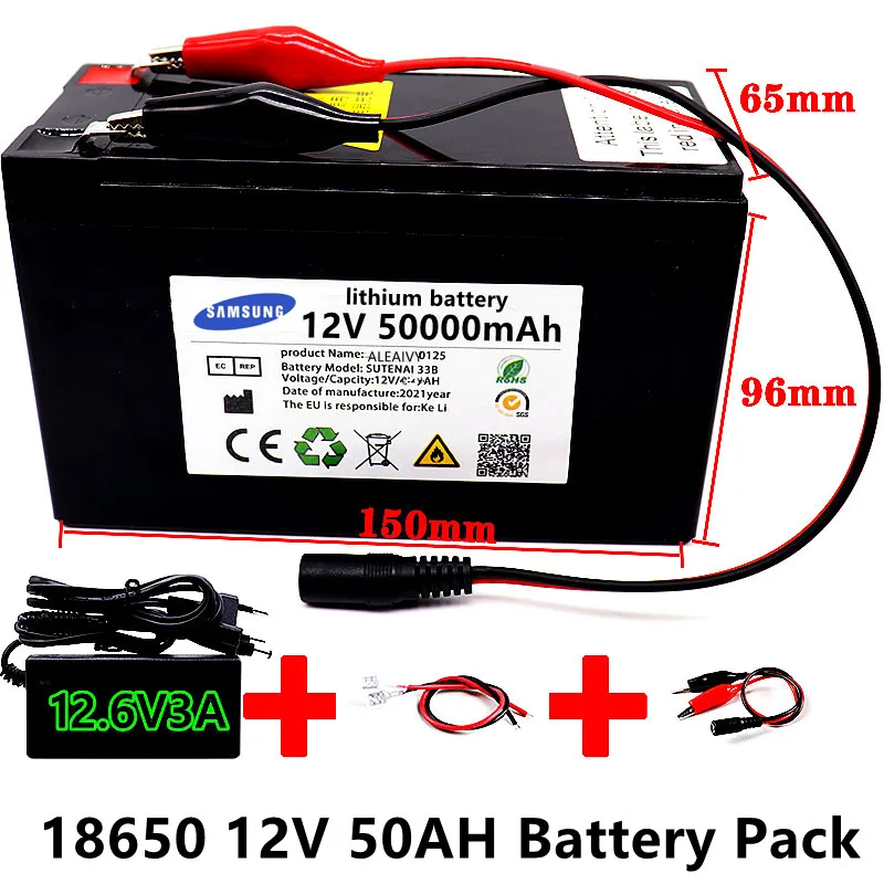 

12V 50Ah 50000mAh 18650 lithium battery pack built-in high current 30A BMS for sprayers, electric vehicle batterie+12.6V Charger