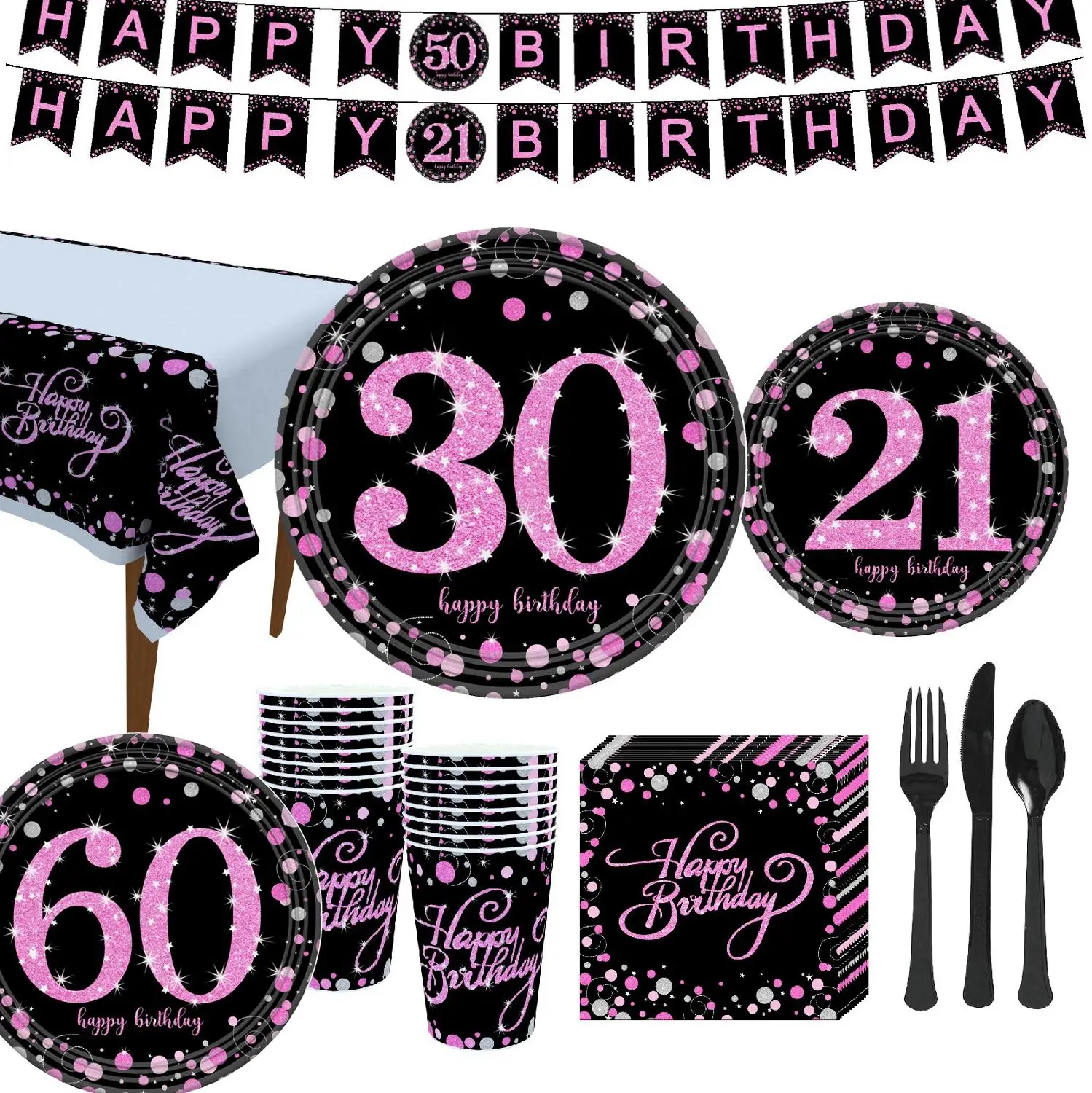 Взрослый Happy 30 40 50 60th День рождения Декорации бумажные стаканчики и тарелки
