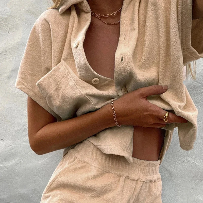 

Casual Solid Beach Two Piece Sets Summer Women Home Loungewear Cardigan Tops Tracksuit 2021 Ladies Workout Soft Shorts Outfits