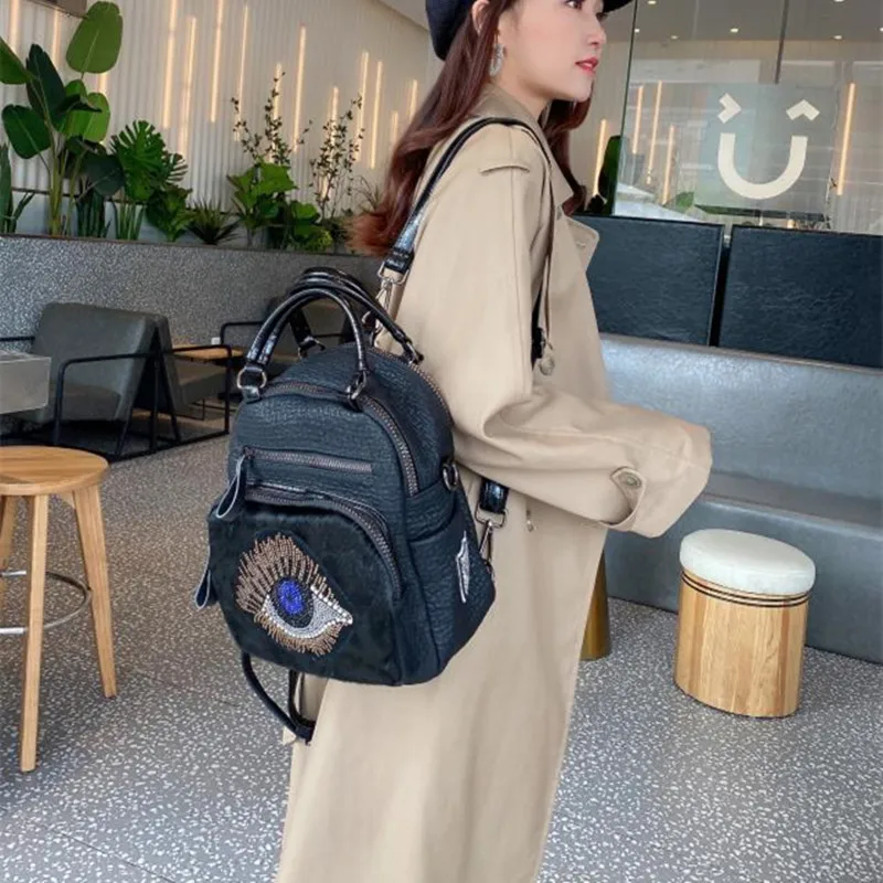 

Lady Natural Horse Hair Small Size Backpack Women Fashion Quality Artificial Leather Diamonds Rhinestone Black Knapsack Bag