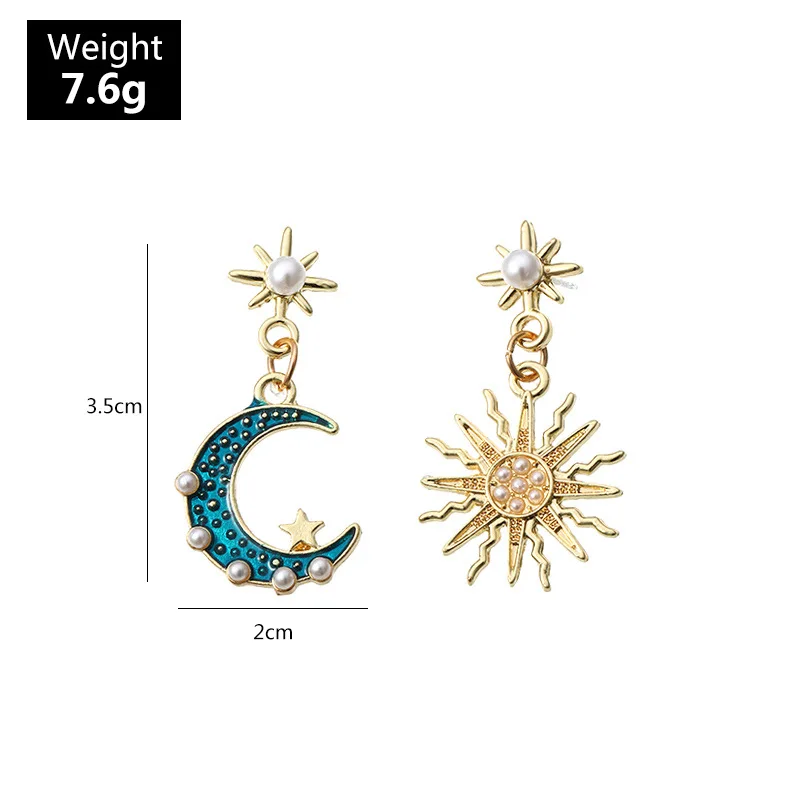 

Popular Jewelry Design Alloy Drop Oil Earrings Fashion Girls New Pearl Beaded Asymmetric Sun Moon Dangle Earrings For Women