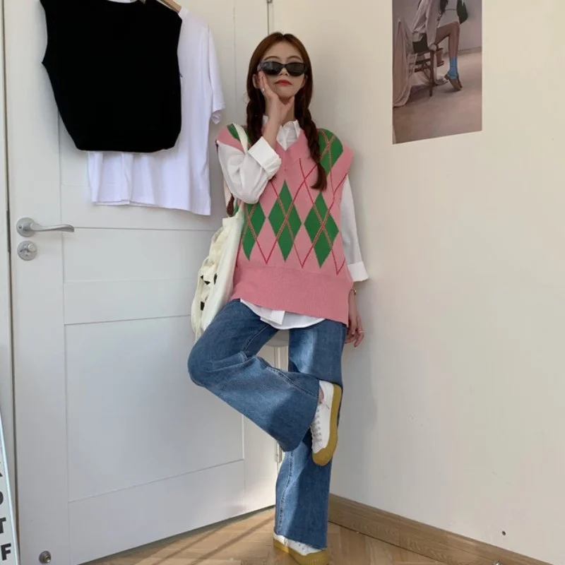 

Fashion Autumn Women Top Argyle Sweater Korean Womens Preppy Style Elegant Student V-neck Pullover Loose Casual Knitting Tops