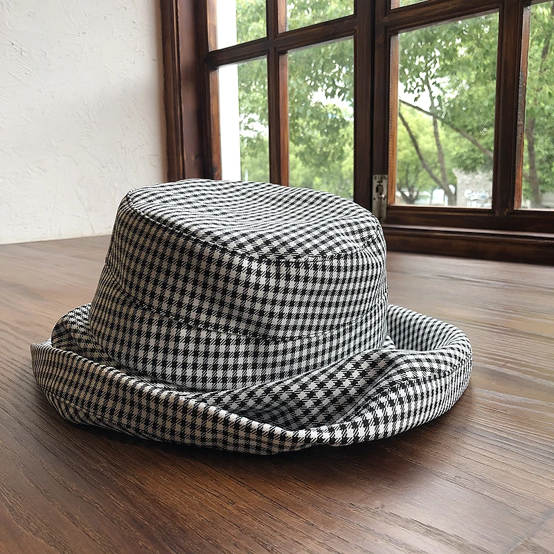 

Women Sun Hat Designer Spring Summer Unisex Black White Plaid Big Eaves Sunshade Houndstooth Fisherman Basin Cap