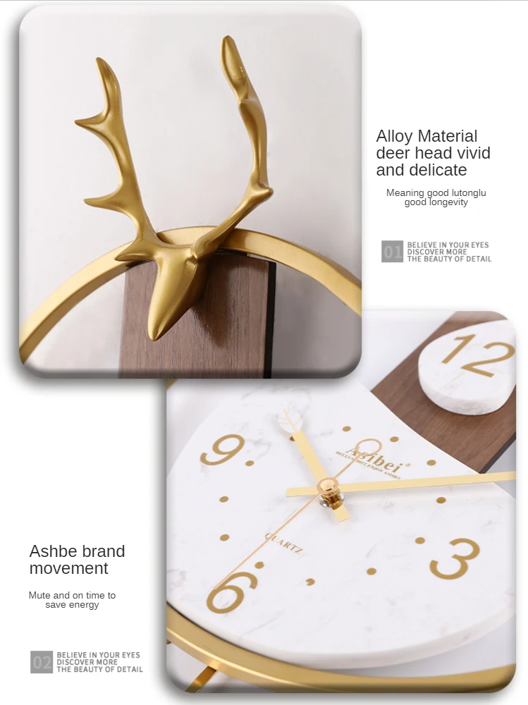 

Creative Metal Gold Wall Clock Wood Silent Watch Luxury Deer Head Large Clocks Wall Home Decor Mechanism Living Room Decoration