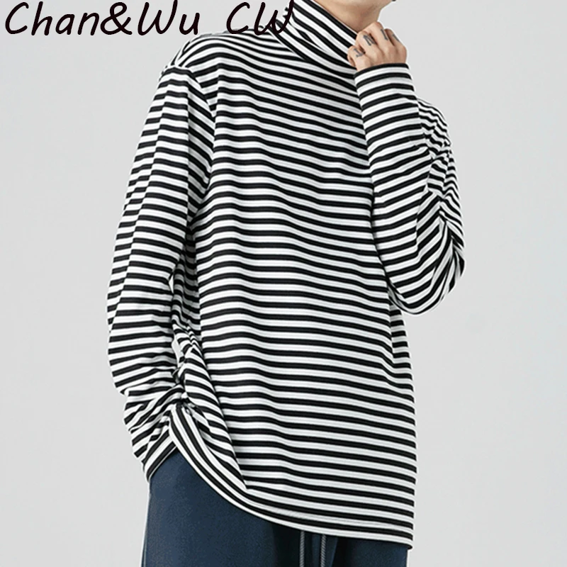 

2022 Autumn Winter High-Neck Long-Sleeve Thin Horizontal Stripes Bottoming t-Shirt Men's Casual High-Quality Cotton Warm Top