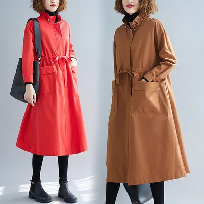 

Autumn Spring Lotus Mandarin Collar Long Trench Coat For Women Overcoat Loose Windbreaker Art Streetwear Wide-waisted Red