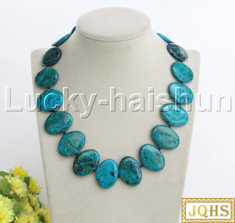 

AAA natural 18.5" 21X30mm oval green chrysocolla beads knotted necklace 18KGP j12473
