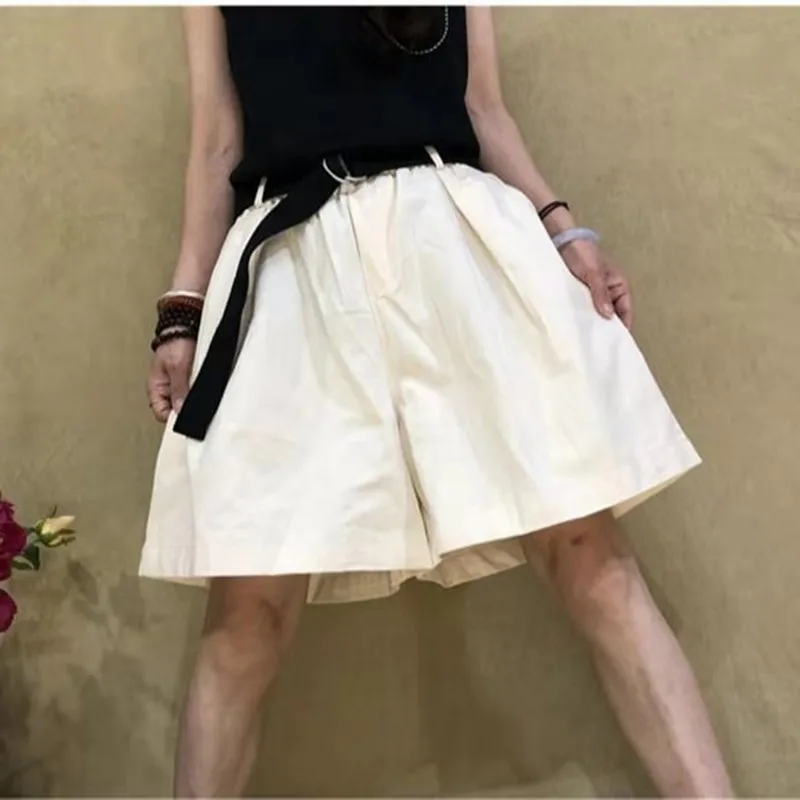 

New Summer Korean Style Women Loose Casual Elastic Waist Wide Leg Pants All-matched Cotton Knee Length Pants Big Size