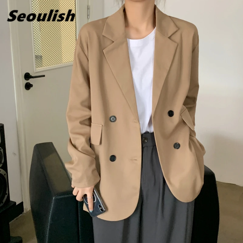 

Seoulish New 2021 Classic Double Breasted Women's Blazers Pockets Female Formal Jackets Elegant Loose Outerwear Chic Tops Spring