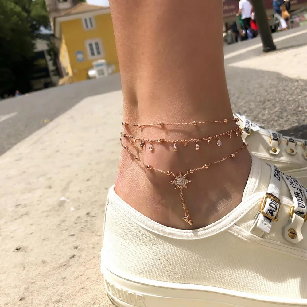

XIYANIKE Bohemia Multilayer Crystal Anklet Set Fashion Star Ankle Bracelets for Women Summer Beach Foot Jewelry Leg Chain Anklet