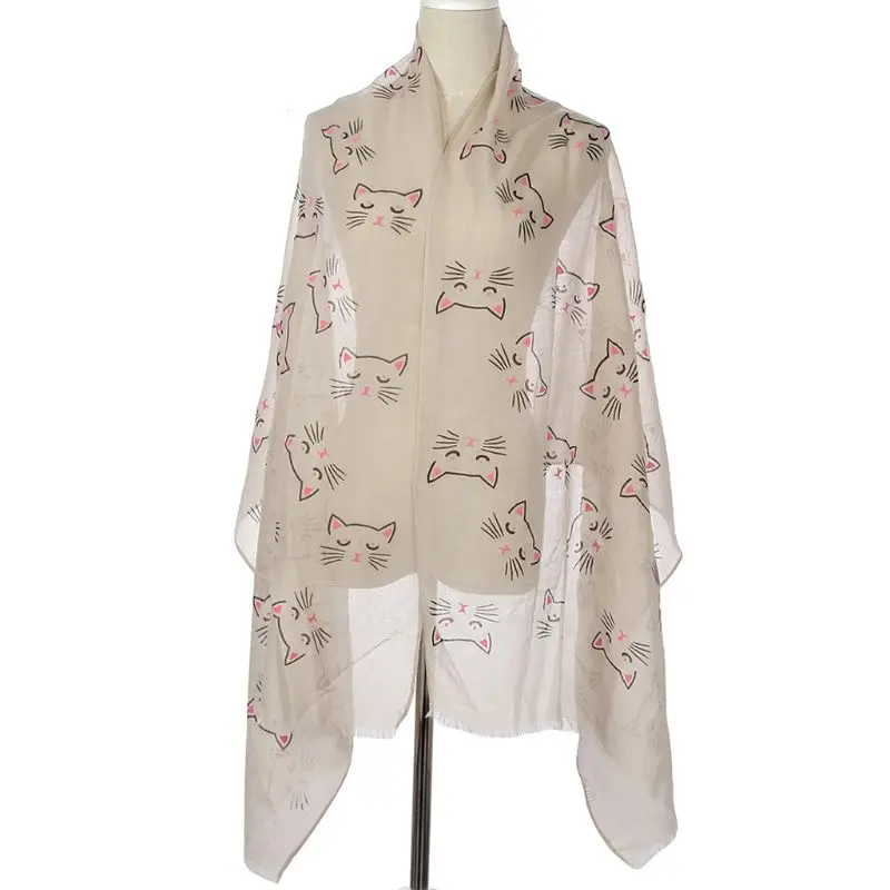 

70x180cm Women Thin Scarf Cute Puppy Dot Paw Meow Cat Print Shawl Wrap Fringe Tassels Trim Neck Warmer