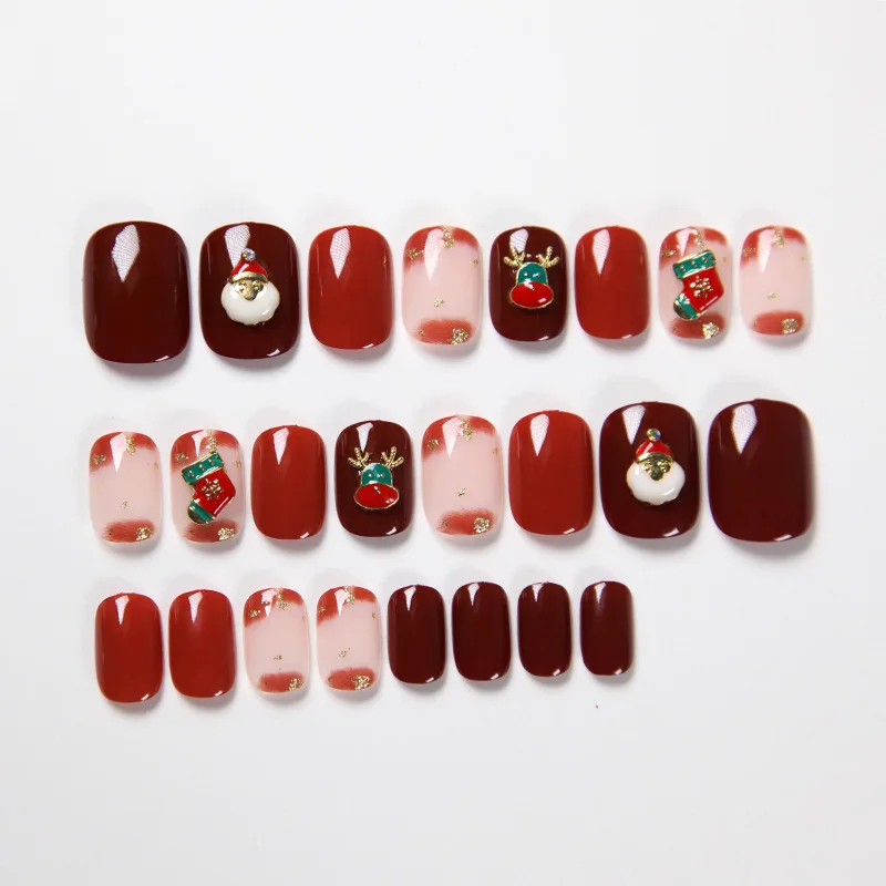 

24pcs New Year Christmas Style Wine Red Blooming Nails Ins Winter Japanese Style Fake Nails TI