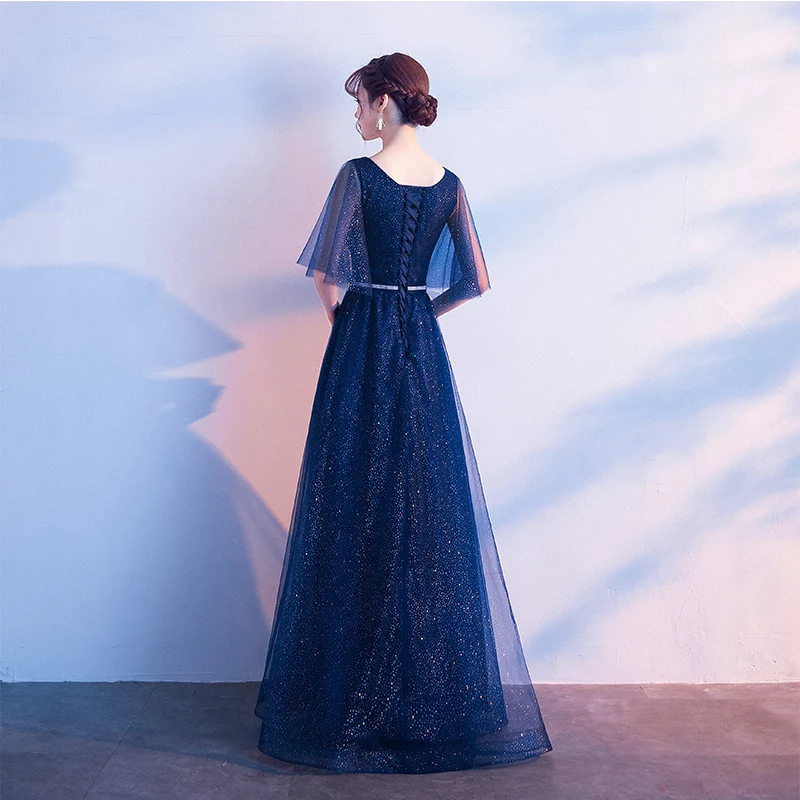 

New Arrival Evening Gown V neck Beads Sequined Long Evening Dress Party Elegant Vestido De Festa Half Sleeve Prom dresses