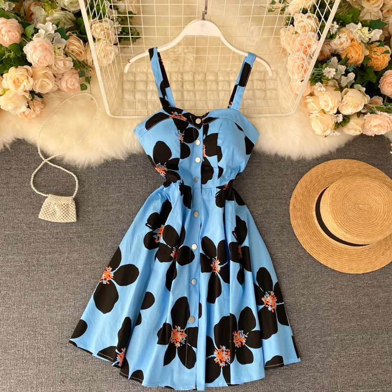 

Beach Style Floral Women Dresses 2021 Summer New Button Slim Sexy Pleated Knee-Length Elegant Female Clothing