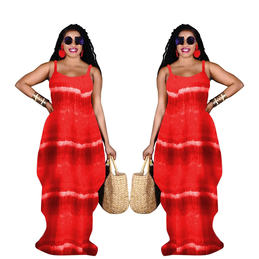 

SSEURAT Women Long Maxi Dress Print Spaghetti Strap O-neck Loose Floor Length Dresses Fashion Streetwear Summer Outfit