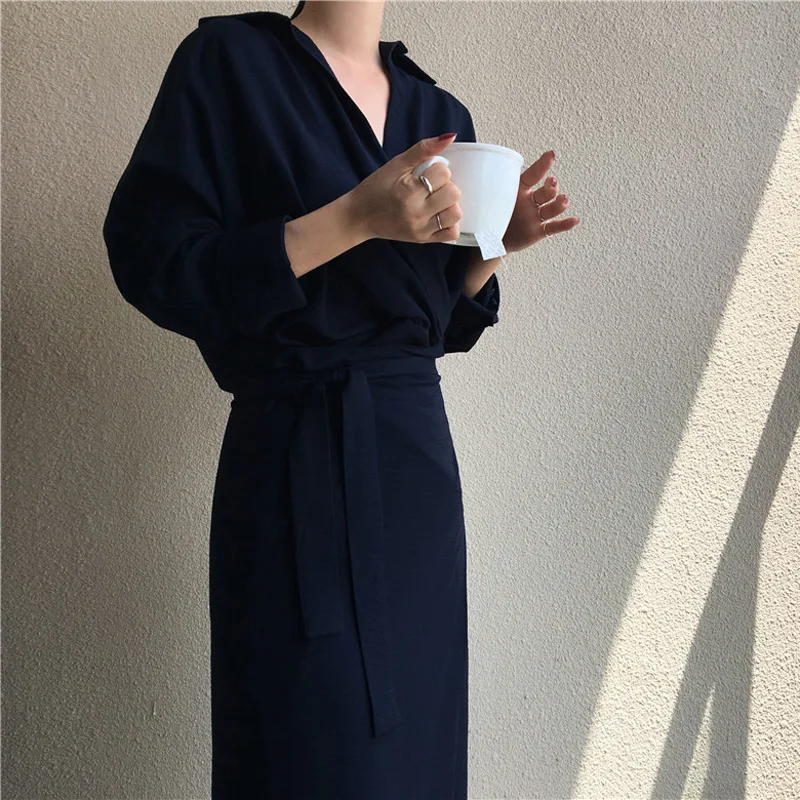 

Autumn Casual V neck Solid Midi Wrap Women Dress Lace Up High Waist Full Sleeve Female Dress Retro Blusas Vestido Mujer