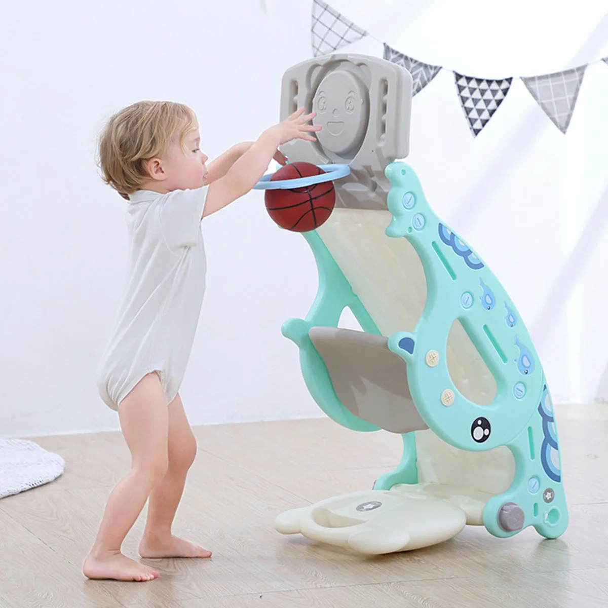 

4 in 1 Kids Children Rocking Horse Slide Ride Toy Infant Indoor Basketball Gate Rocking Chair Multi-functional Kids Sport Game