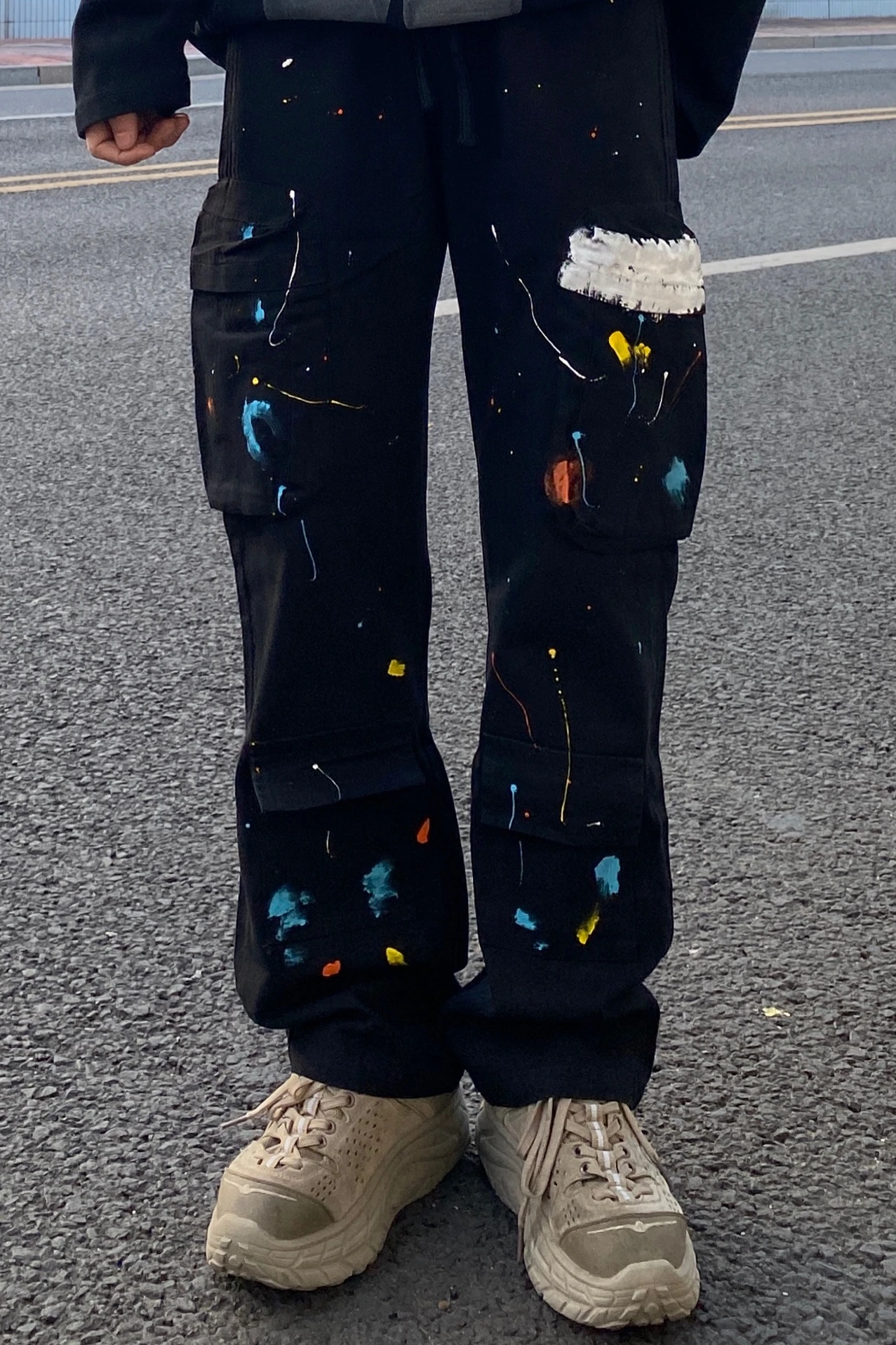 

High Street Cargo Flare Pant Hip Hop Handmade Ink Wide Leg Cargo Pants Harajuku Multi-pocket Loose Casual Trousers Men