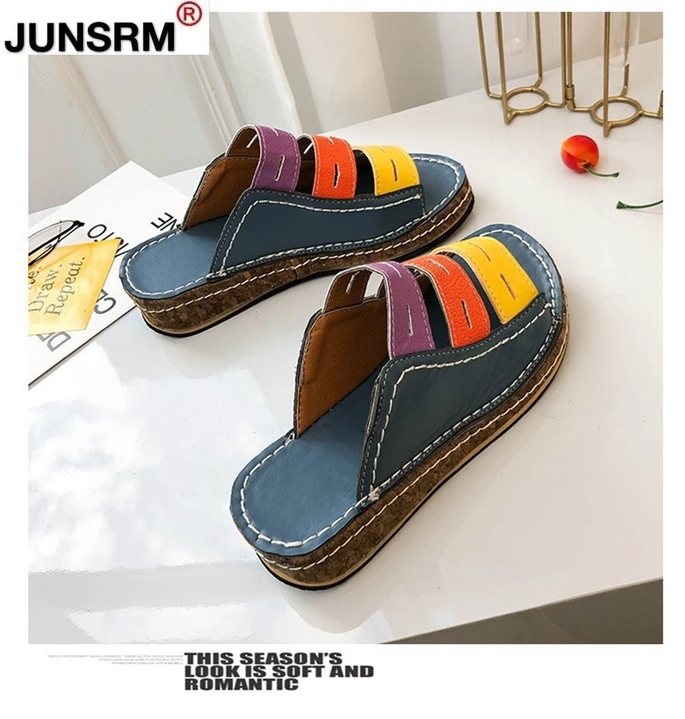 

New Women Summer Stitching Sandals Casual Slip on Open Toe Sandals Rome Retro Leather Platform Wedge Slides Beach Shoes Ladies