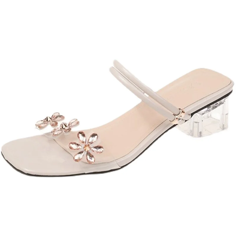 

Glitter Slides Female Shoes Slippers Women Summer Heeled Mules Fashion Shallow Flower Square heel Med Jelly 2021 High Luxury