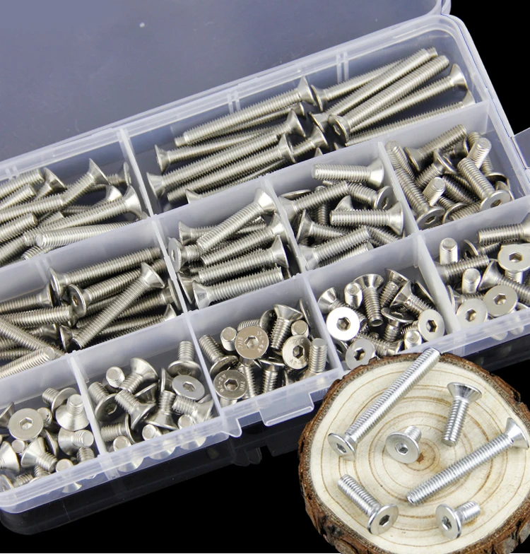 

free shipping 240pcs Hex Socket Screw Stainless Steel 304 Flat Head Screws & Bolt Assortment Kit Machine Screws Fastener M4