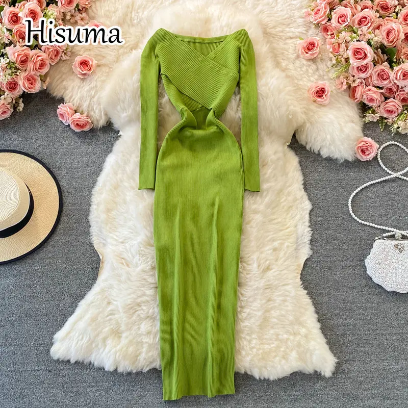 

2021 autumn new women's chic V-neck long sleeve waist knitted sheath dresses female retro slim sweater dress