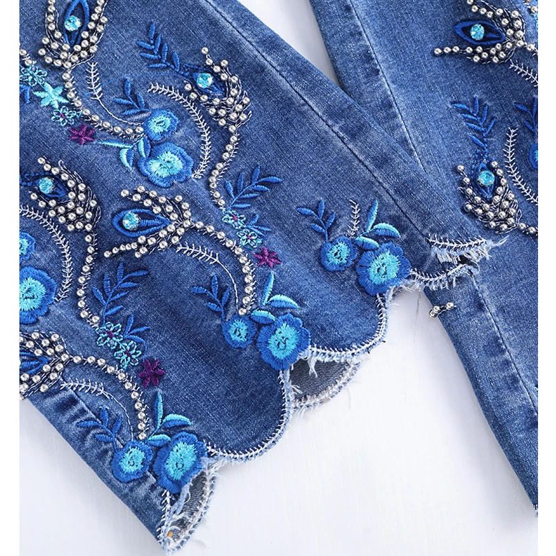 

FERZIGE High Quality Jean Beading Embroidery Flare Pants luxury Women Skinny Jeans Female Blue Casual Trousers Slim Fit Pants