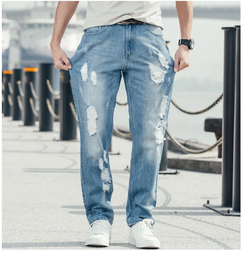 Spring And Autumn Men Hole Baggy Jeans Straight Large Size Wide Leg Denim Pants Blue Leisure Hip Hop Streetwear Ragged Trousers