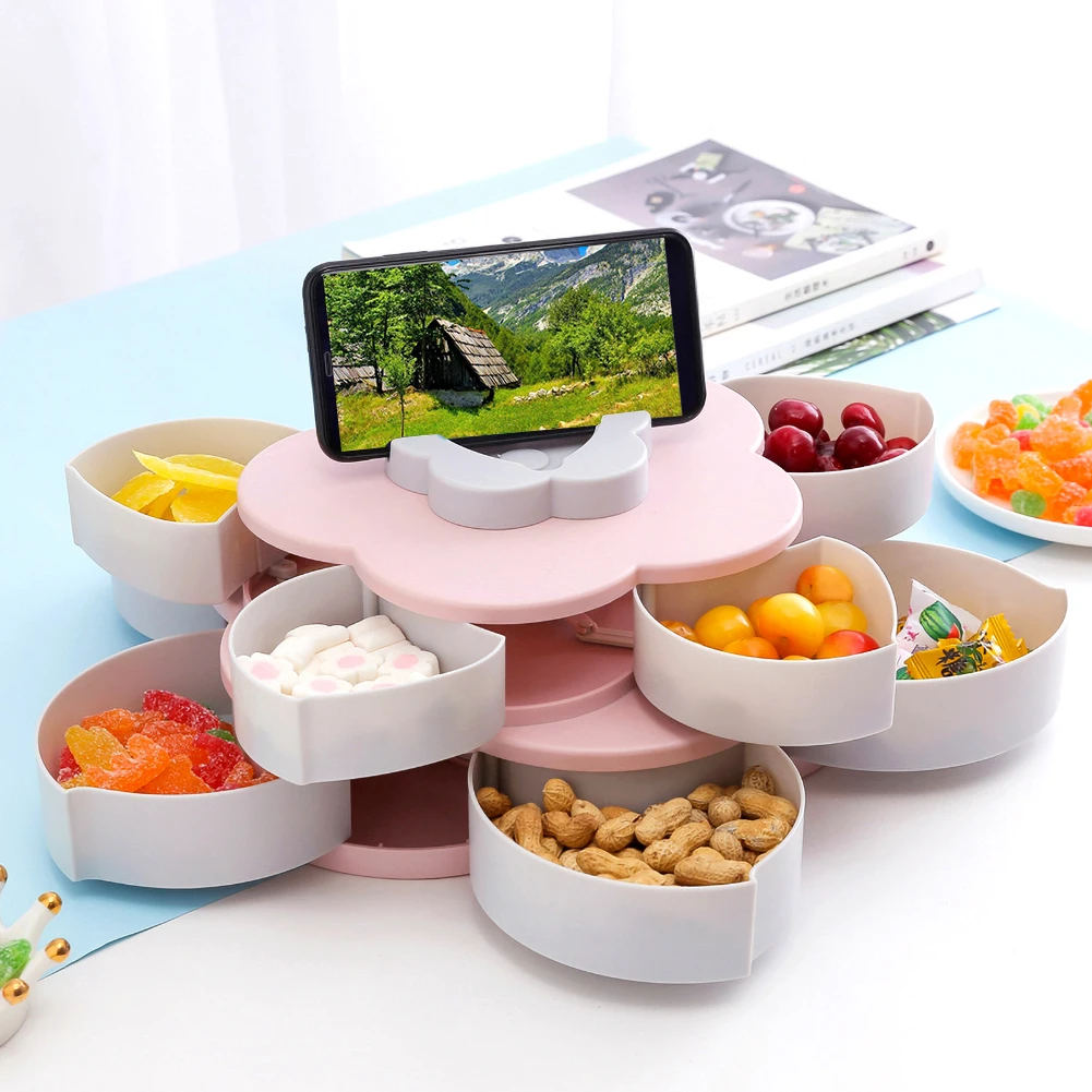 

Living Room Rotating Snack Box Flower Design Candy Food Storage Nuts Seeds Dry Fruits Plate Organizer With mobile phone holder