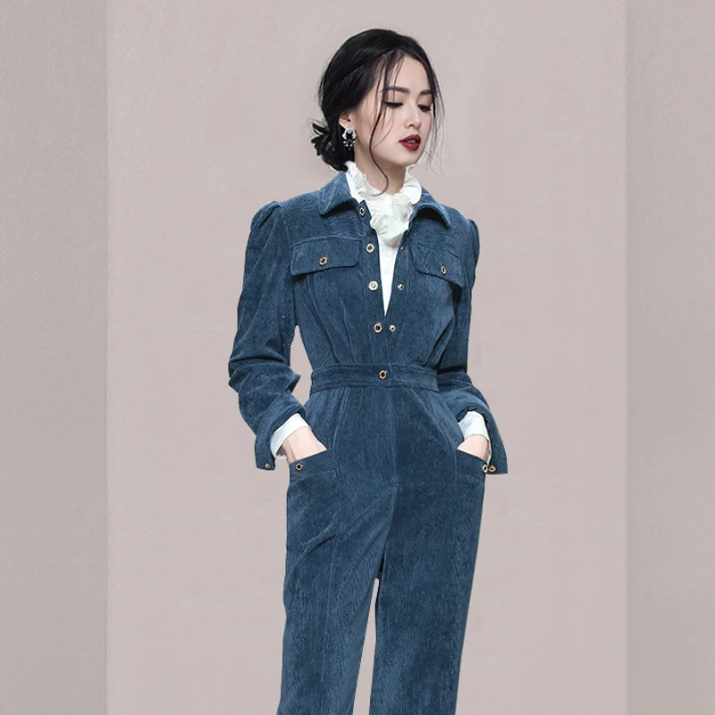 Женский вельветовый комбинезон винтажный элегантный длинный с отложным